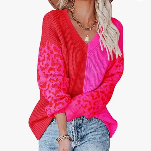 none Sweaters - Leopard Red And Pink Knitted Sweater Size Medium